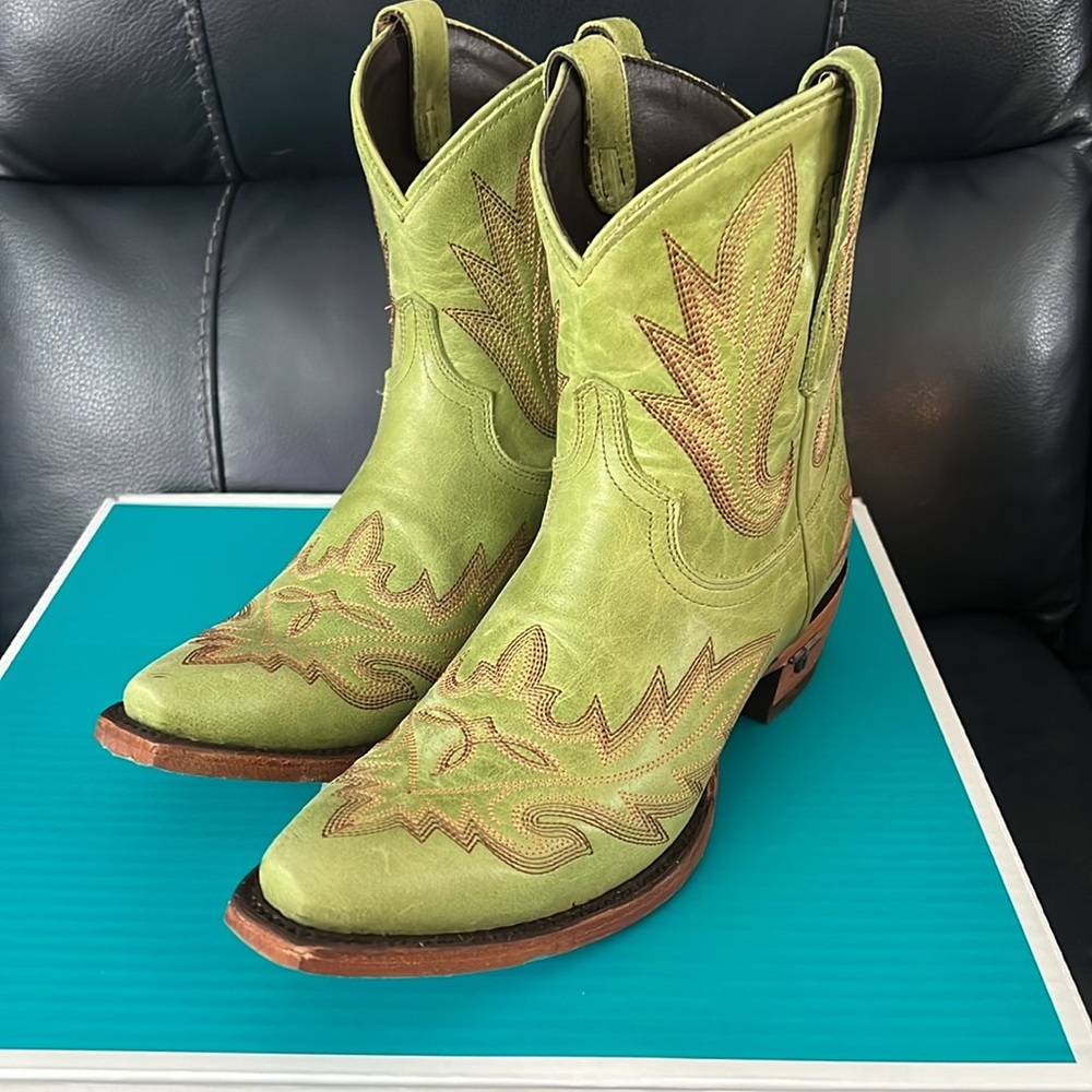 Brand new Lane Lexington booties in Mossy Thicket Green.